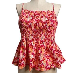 Womens Smocked Babydoll Tank 2XL Pink Floral Retro Spaghetti Strap Fairycore